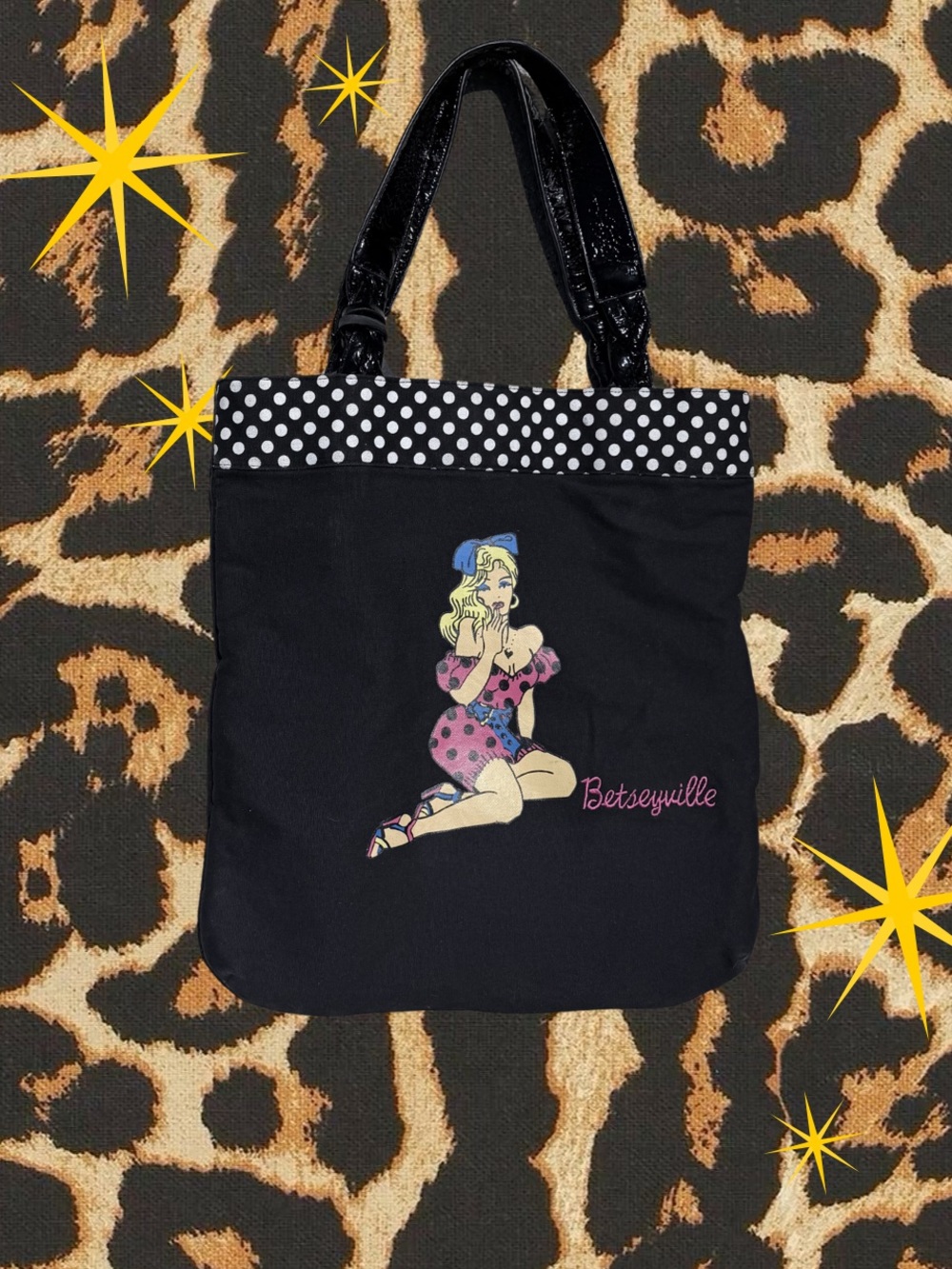 BETSEY JOHNSON | y2k Betseyville Black Polka-Dot Pinup Tote Bag | Clean Interior